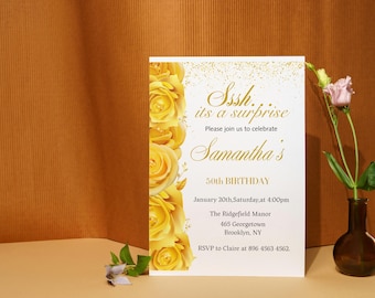 Invitación de cumpleaños con flores amarillas y doradas / Tarjeta imprimible editable / Descarga digital instantánea para celebraciones elegantes