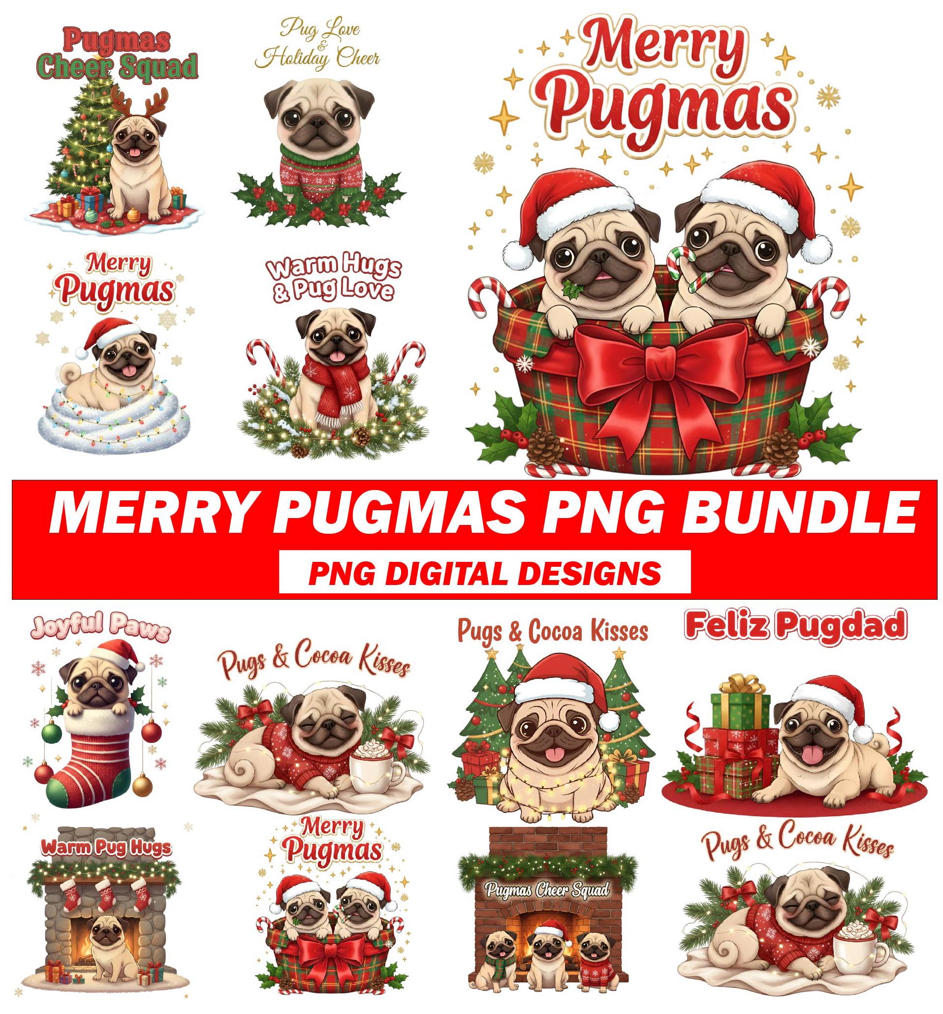 Merry Pugmas PNG Clipart Bundle: Christmas Pug Designs (digital ...