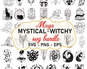 May include: A collection of black and white mystical and witchy-themed SVG graphics. The designs include bats, cats, moons, mushrooms, potion bottles, snakes, foxes, witch hats, and other magical elements. Text reads "Mega MYSTICAL-WITCHY svg bundle SVG - PNG - EPS".