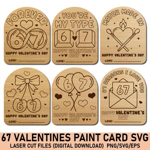 Peut inclure: Ensemble de six cartes en bois pour la Saint-Valentin avec des motifs gravés. Chaque carte présente un design unique, avec des cœurs, des ballons et le chiffre 67. Les cartes sont découpées au laser et comportent le texte "Happy Valentine's Day".