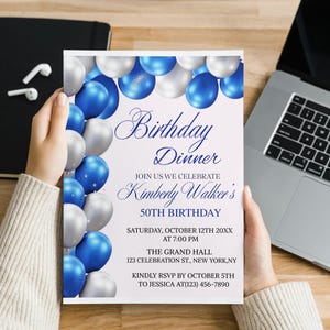 Editable Royal Blue & Silver Birthday Dinner Invitation | Printable Luxe Template | Instant Digital Download