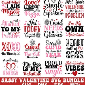 May include: A collection of sassy Valentine's Day SVG designs in red, black, and white. The designs feature phrases like "Single & Expensive," "My Dog is My Valentine," and "Heart Full of Sass." The image includes the text "Sassy Valentine SVG Bundle."