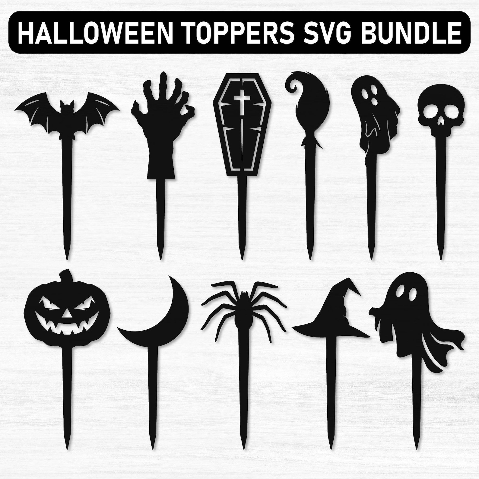 Tall Picks with One Strong Shape Halloween SVG topper preview with long stems and bat, hand, ghost, moon and other silhouettes.