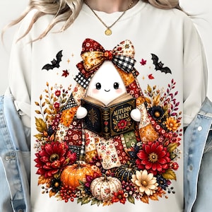 Immagine PNG di un fantasma che legge libri in stile patchwork, grafica autunnale accogliente per gli amanti dei libri (download digitale)