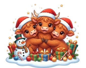Vaca navideña de las Highlands en formato PNG, adorable clipart de vaca peluda para tazas, camisetas y manualidades navideñas.