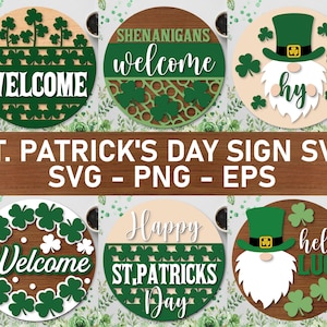 May include: A collection of St. Patrick's Day themed wooden signs. The signs feature shamrocks, leprechauns, and phrases like "Welcome", "Shenanigans", and "Happy St. Patrick's Day". The signs are round with green and white accents.