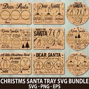 Może przedstawiać: Kolekcja drewnianych tac świątecznych Świętego Mikołaja z grawerowanymi wzorami. Każda taca zawiera teksty takie jak "Drogi Święty Mikołaju" i "Przysmaki dla Świętego Mikołaja", a także ilustracje butelek mleka, ciasteczek i marchewek. Zestaw zawiera pliki SVG, PNG i EPS.