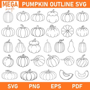 Puede incluir: Una colección digital de ilustraciones de contornos de calabazas en blanco y negro con diversas formas, tamaños y orientaciones. El gráfico incluye treinta diseños de calabazas individuales y dos rodajas, con el texto MEGA PUMPKIN OUTLINE SVG en la parte superior.