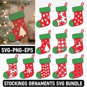 Op de afbeelding: Een digitale collectie van twaalf kerstsok-ornamenten in rood en groen met diverse uitgesneden patronen zoals sneeuwvlokken, rendieren, dennenbomen, sterren en ruitpatronen. De tekst SVG-PNG-EPS en STOCKINGS ORNAMENTS SVG BUNDLE is zichtbaar.
