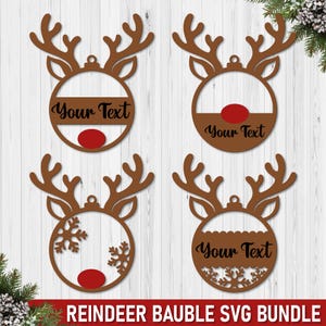 May include: Four brown reindeer-themed circular ornaments featuring antlers and ears. Three designs include a horizontal bar with the text Your Text in black script, while one features snowflakes. Each ornament includes a red oval nose element.