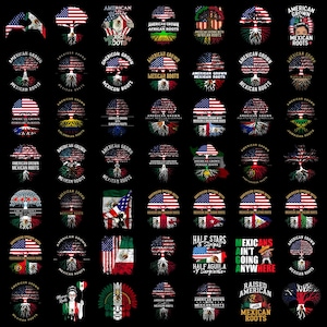 Puede incluir: Una colección de diseños gráficos que combinan la bandera estadounidense con varias banderas y símbolos culturales. Los diseños incluyen texto como "American Grown" y "Mexican Roots" sobre un fondo negro.