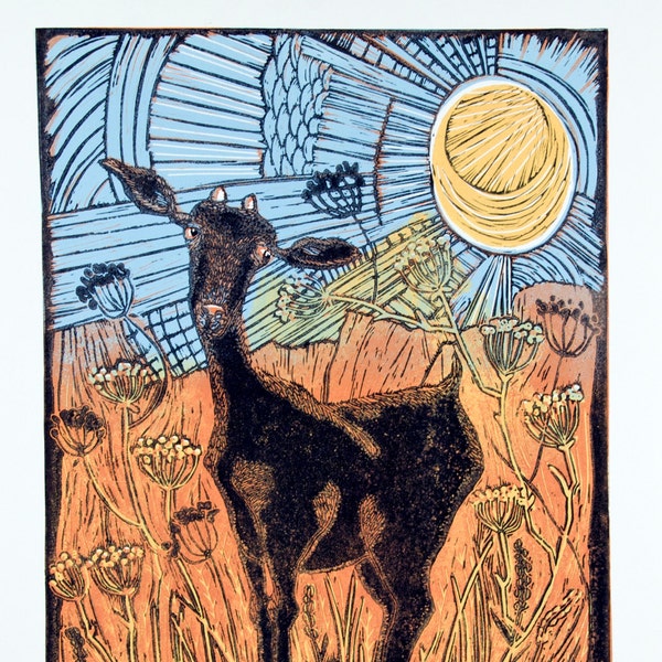 linocut, Goat and Anis, nature wall print, mountain landscape print, farmhouse kitchen art, printmaking, landscape, goat art print, sunshine