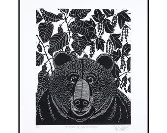 linocut, Bear in the Berries, handprinted, signed, Mariann Johansen-Ellis, wild nature