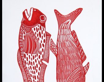 linocut, Big Boys, fish, red and white, fishing, gift for him, printmaking, beach house, blue, white, home interior, seaside