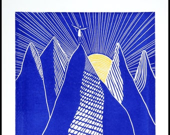 linocut, I did it, blue and yellow, handprinted and signed, Mariann Johansen-Ellis