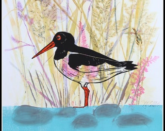 linocut, mixed media, Oystercatcher, beach,, plant printing, handprinted and signed, Mariann Johansen-Ellis