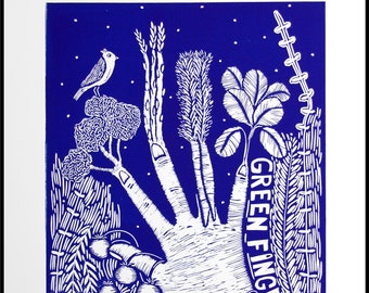 linocut, green fingers, garden, handprinted and signed, Mariann Johansen-Ellis