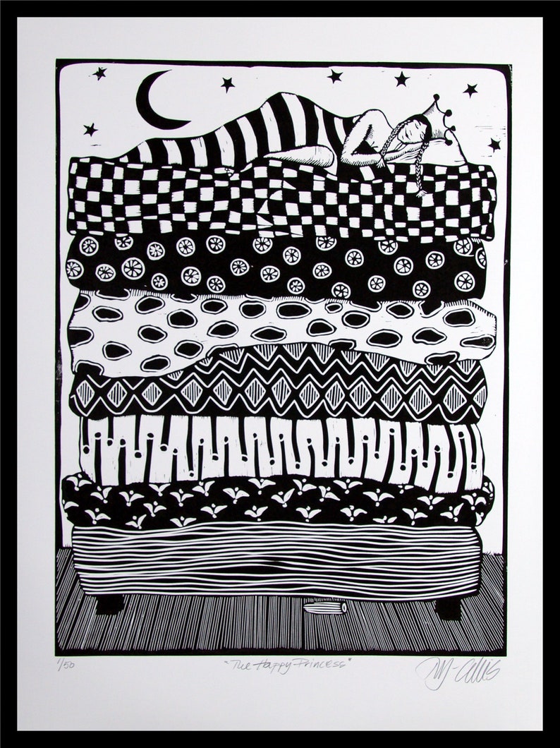 linocut Happy Princess imprimé noir et blanc signé et image 0