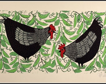 linocut reduction, Peas in a Pod, hens in the vegetable patch, handprinted, signed, Mariann Johansen-Ellis