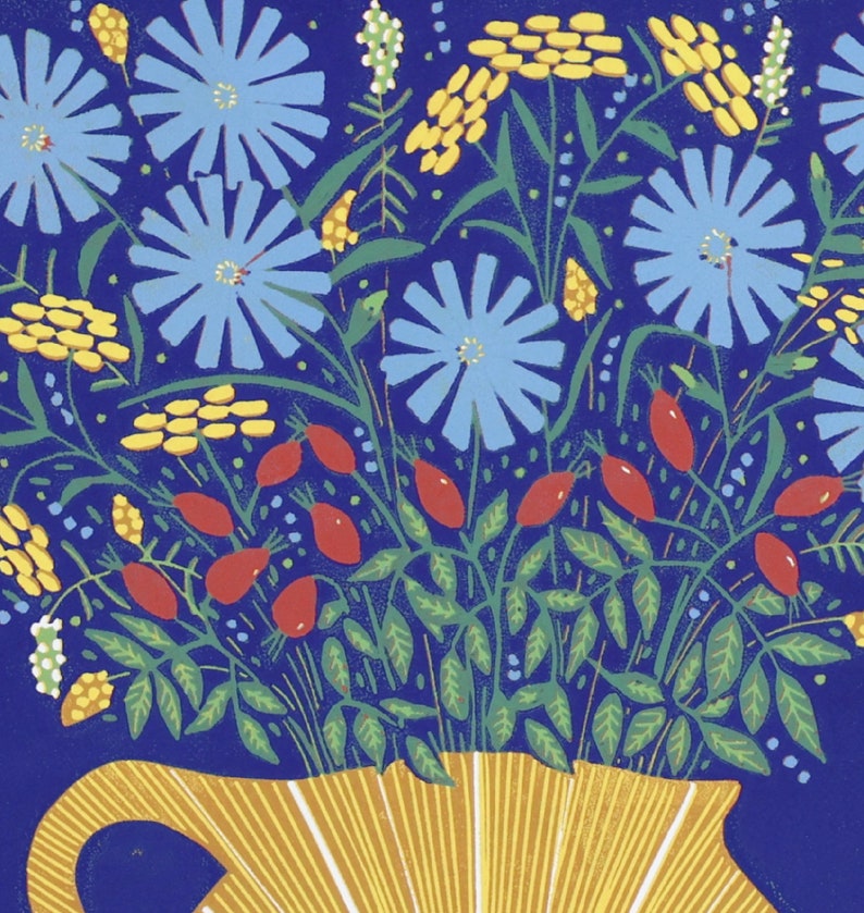 linocuts, Blue Sky, Sunshine and Wildflowers, handprinted, signed, Mariann Johansen-Ellis, flowers in a vase image 3