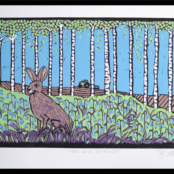 linocuts, Hare and Bluebells, nature print, Spring print, handprinted on paper, signed and numbered, Mariann Johansen-Ellis