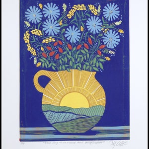 linocuts, Blue Sky, Sunshine and Wildflowers, handprinted, signed, Mariann Johansen-Ellis, flowers in a vase image 1