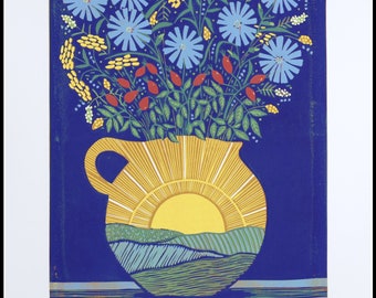 linocuts, Blue Sky, Sunshine and Wildflowers, handprinted, signed, Mariann Johansen-Ellis, flowers in a vase