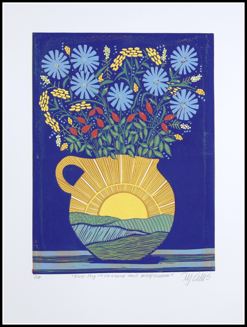 linocuts, Blue Sky, Sunshine and Wildflowers, handprinted, signed, Mariann Johansen-Ellis, flowers in a vase image 1