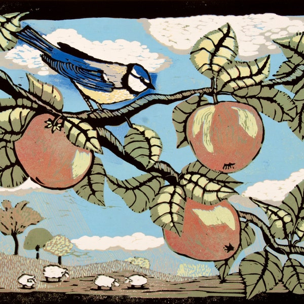 Linocut, bird, songbird, apple tree, apples, country side, sheep, blue sky, green fields, rain shower, printmaking, bird in tree, red apples
