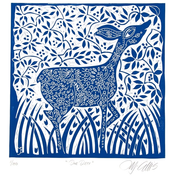 linocut, Doe Deer, blue, printmaking, home interior, Deer, country cottage, wild life, forest, spring, blue and white,