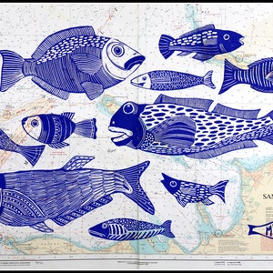 linocut, Shoal, fish printed on sea chart, Baltic sea, handprinted, signed, Mariann Johansen-Ellis