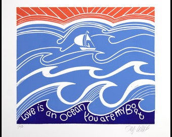 linocut, Love is an Ocean, You are my Boat, handprinted, signed, Mariann Johansen-Ellis