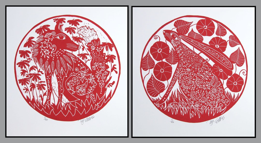 Round Linocuts Linocuts, Fox, Hare, Red and White, Round Prints on Paper, Handprinted ...