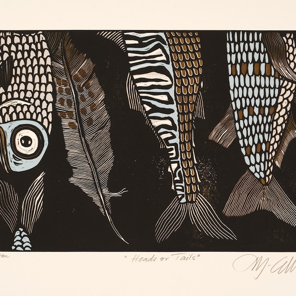 Heads or Tails a color linocut by Mariann Johansen-Ellis