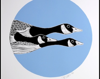 linocut, geese in flight, canadageese, handprinted, signed, Mariann Johansen-Ellis