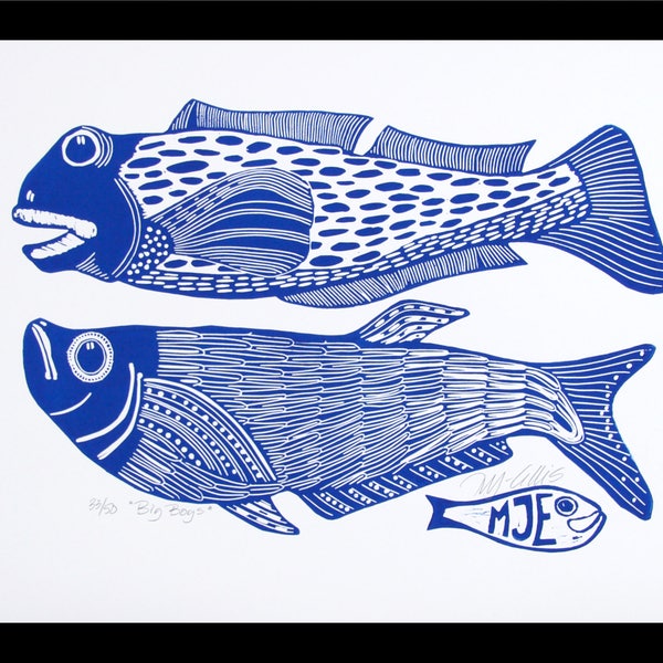 linocut, Big Boys, fish, blue and white, navy blue, fishing, gift for him, printmaking, beach house, blue, white, home interior, seaside