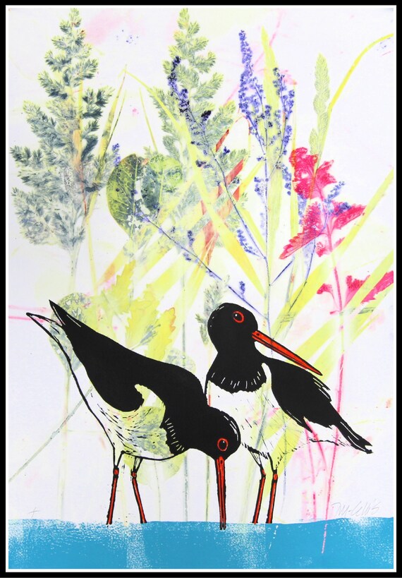Linocuts Mixed Media Oystercatchers One of a Kind Linocut Etsy