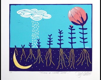 Linolschnitt, Aus einem kleinen Samen..., rosa Blume, Neuanfang, handbedruckt, signiert, Mariann Johansen-Ellis