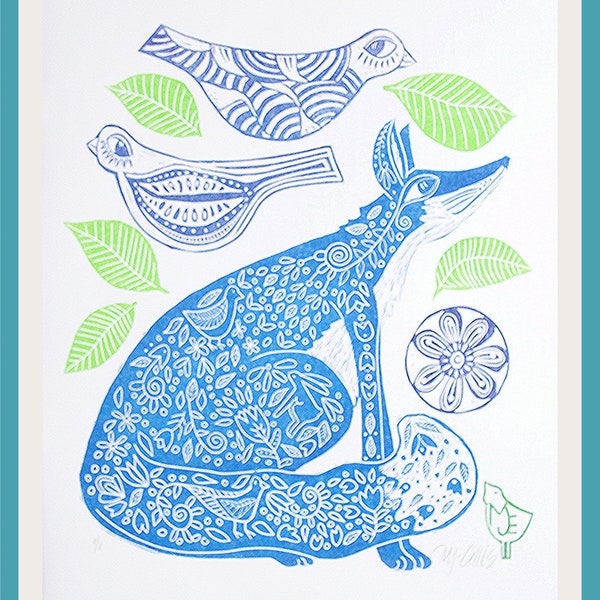 linocut, Fox and birds, blue and white, handprinted on paper, monoprint, Mariann Johansen-Ellis