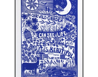 linocut, Wild Garden, Life is Beautiful, handprinted on paper, signed and numbered in a limited edition, Mariann Johansen-Ellis, landscape,