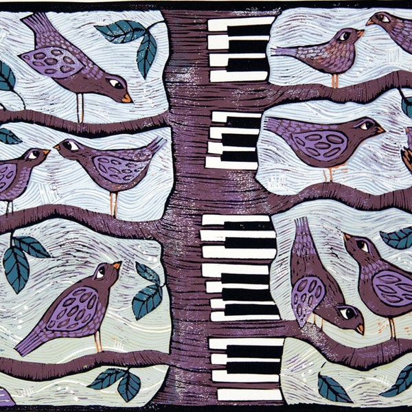 linocut, Sing me Lovesongs, Piano tree, forest, birds, purple, green, woodland, music, musician, printmaking, birds nest, romantic, wedding