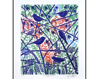 linocut print, Hedgerows, songbirds, handprinted, signed, Mariann Johansen-Ellis