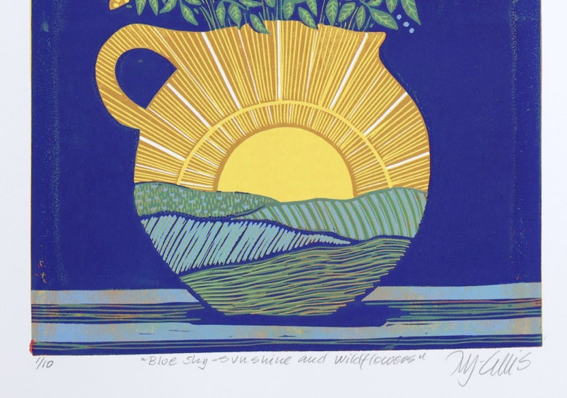 linocuts, Blue Sky, Sunshine and Wildflowers, handprinted, signed, Mariann Johansen-Ellis, flowers in a vase image 5