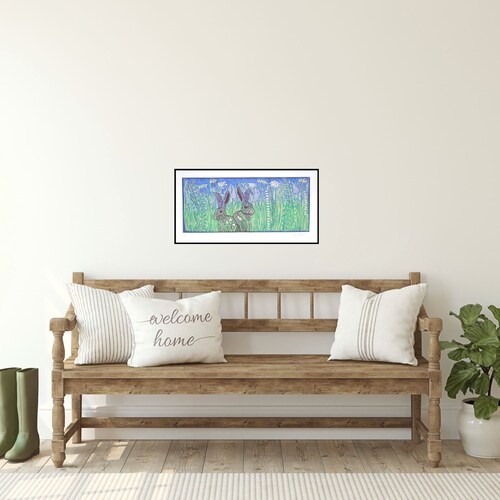 Linocut, hare print, summer meadow, wildflower art, printmaking, blue and green, shops pair of hares, daisy flowers, limited edition art,