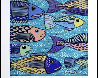 linocut, Big Blue, ocean, fish, blue, handprinted and signed, Mariann Johansen-Ellis