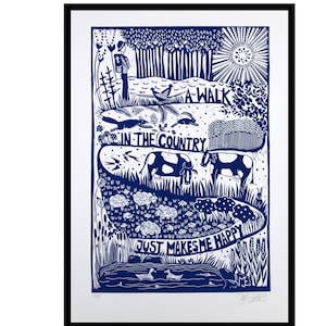 linocut, A walk in the Country,  handprinted on paper, signed and numbered in a limited edition, Mariann Johansen-Ellis, blue and white