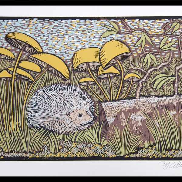 linocut, hedgehog print, printmaking, Mariann Johansen-Ellis, forest print, woodlands, wildlife print