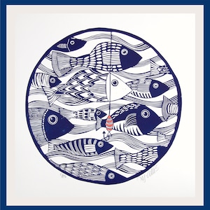 Linocut, handprinted on paper, Hook, Line and Sinker, signed and numbered in a limited edition, fish print, blue fish