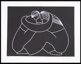 linocut print, Lovers, black and white, handprinted, signed, Mariann Johansen-Ellis