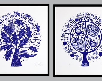 linocuts, pair of prints, oaktree, pomegranate tree, prints on paper, handprinted, signed, Mariann Johansen-Ellis